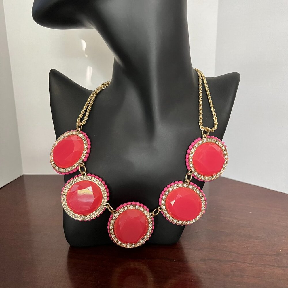 Hot Pink & Gold Rhinestone Studded Statement Necklace